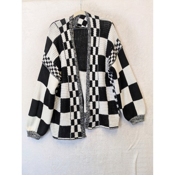 BTFBM Sweaters - BTFBM Womens Black White Checkerboard ColorblockCardigan Sweater S
